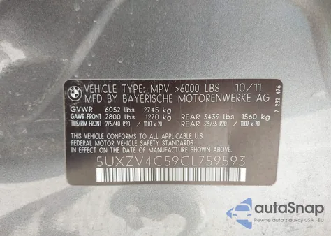 2012 BMW X5 xDrive35I/xDrive35I Premium/xDrive35I Sport Activity z USA, uszkodzony, nr VIN 5UXZV4C59CL759593